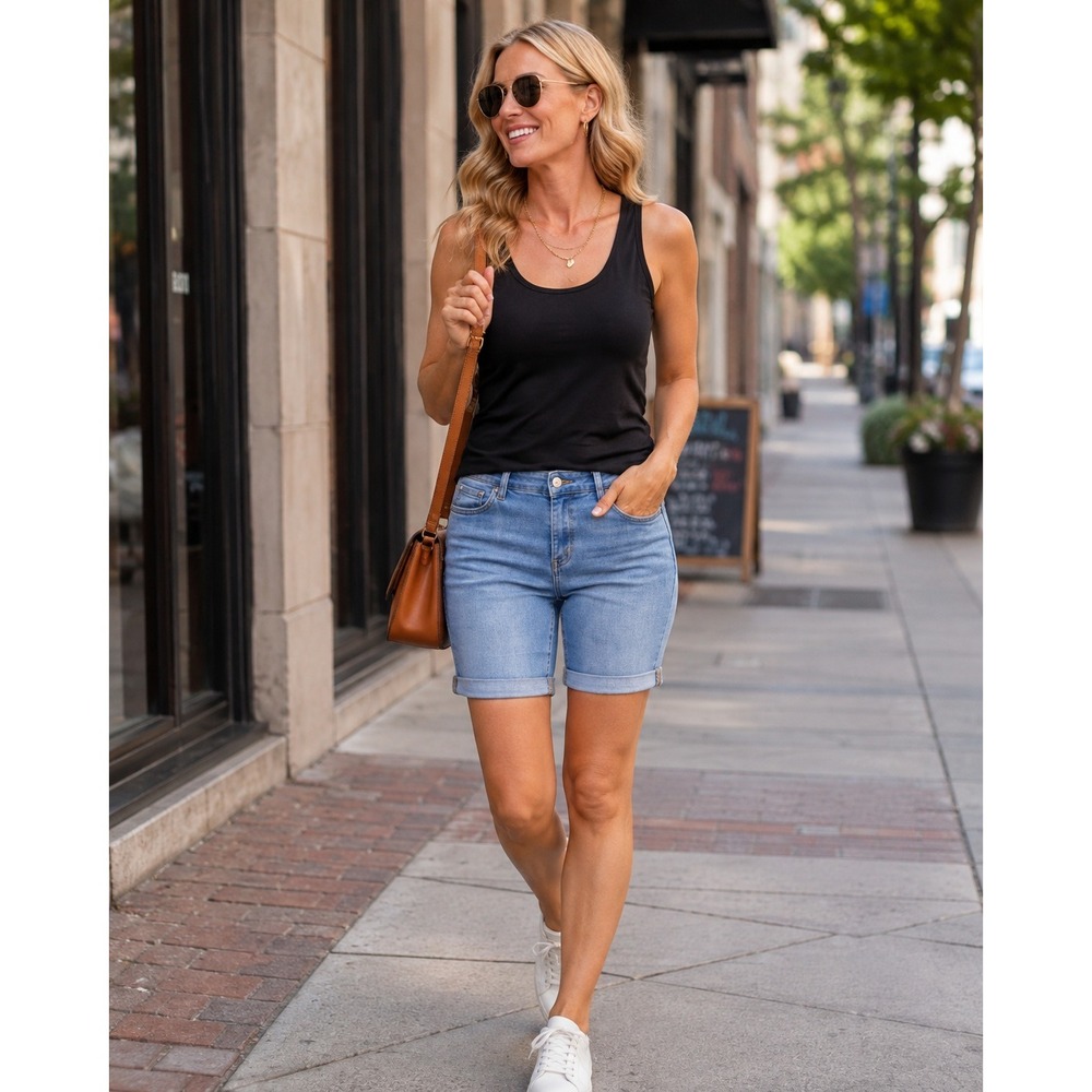 P31. Denim & Co Womens Medium Wash Cuffed Denim Bermuda Shorts Blue Size‎ 16P